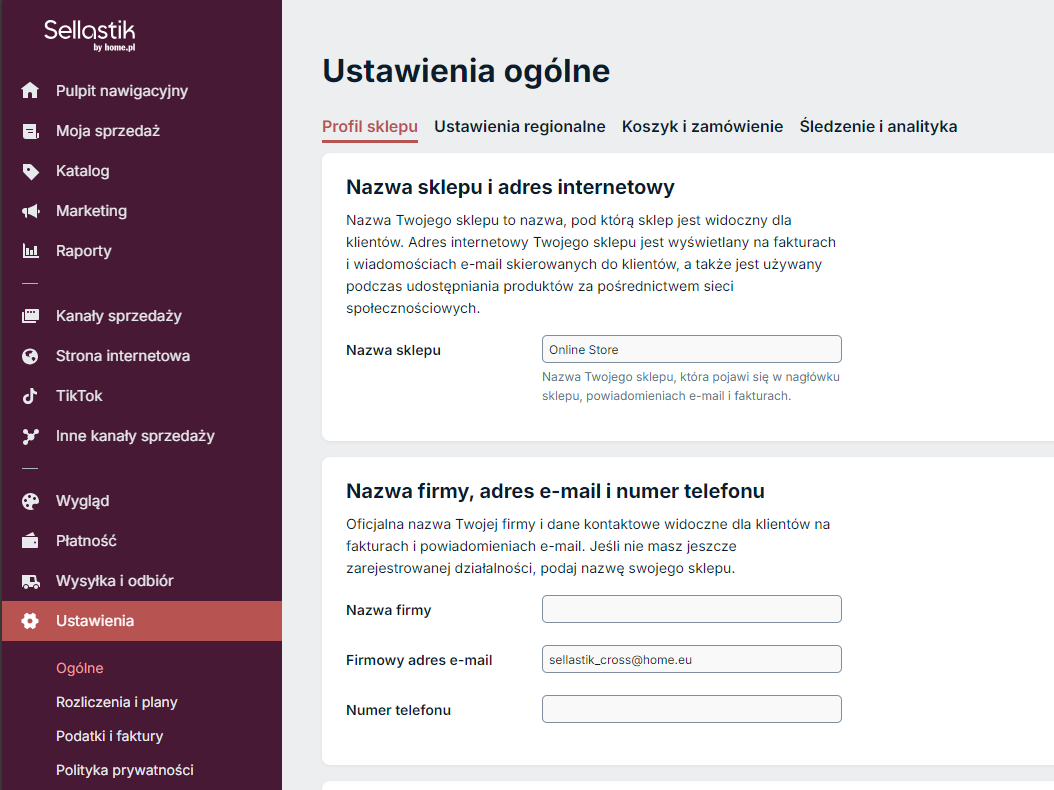 Konfiguracja ogólnych ustawień sklepu Sellastik by home.pl