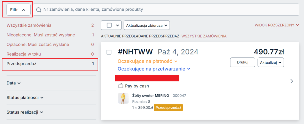 Możesz użyć filtrów zamówień po lewej stronie, aby wyświetlić listę wszystkich zamówień zawierających produkty w przedsprzedaży.