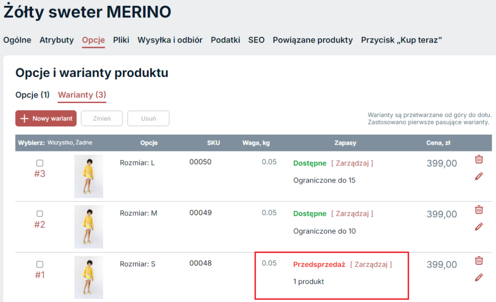 Aby zobaczyć, ile zamówień w przedsprzedaży jest dla danego wariantu produktu, przejdź do strony produktów w Katalog → Produkty → Opcje → Warianty i sprawdź to w kolumnie Zapasy.