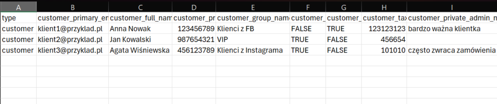 fragment pliku CSV z przykładową listą klientów do zaimportowania do sklepu Sellastik