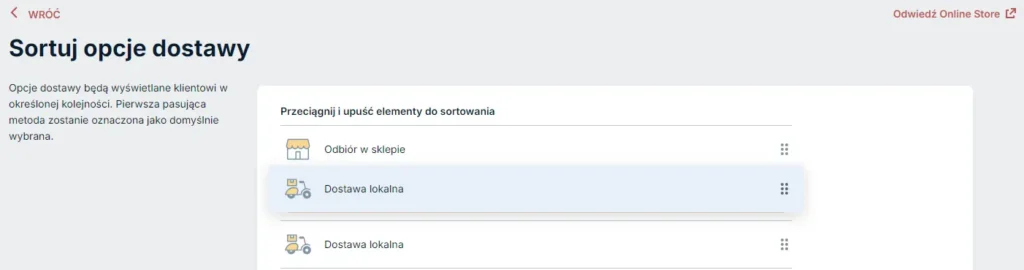 Sellastik - Wysyłka i odbiór - Akcje - Sortuj - Ustaw kolejność metod dostawy metodą przeciągnij i upuść