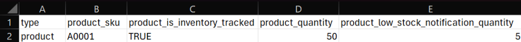 Przykład pliku CSV służącego do umożliwienia śledzenia stanów magazynowych dla wielu produktów i ustawienia ich początkowej ilości w sklepie Sellastik