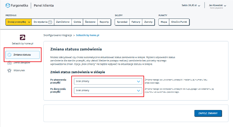 Zmiana statusu zamówienia w panelu Furgonetka.pl