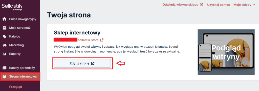 screen do opisu: 1. W panelu sklepu Sellastik (z menu po lewej stronie) przejdź do Strona internetowa → Edytuj stronę