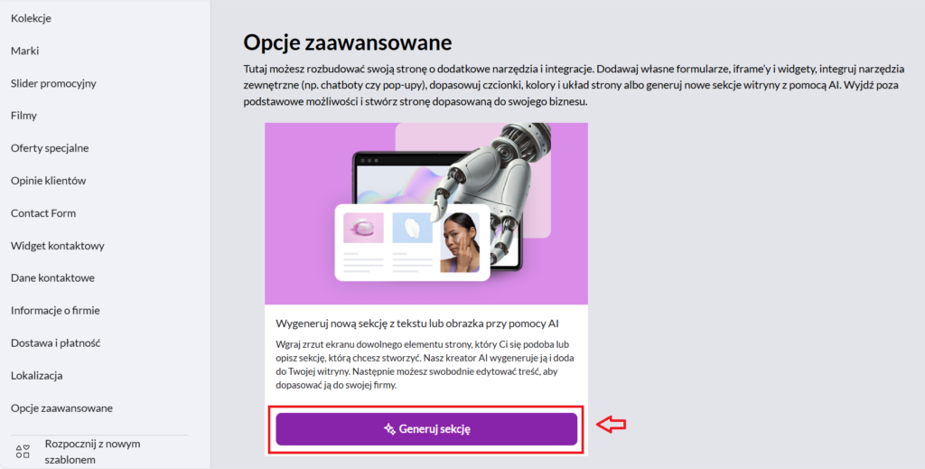 3. W oknie Wygeneruj sekcję sekcję strony za pomocą AI, kliknij Generuj sekcję