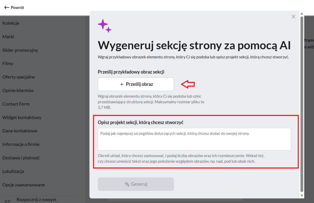 4. Opisz, jak ma wyglądać Twoja wymarzona sekcja i/lub prześlij obraz (screen), aby pomóc AI zrozumieć Twoje potrzeby.