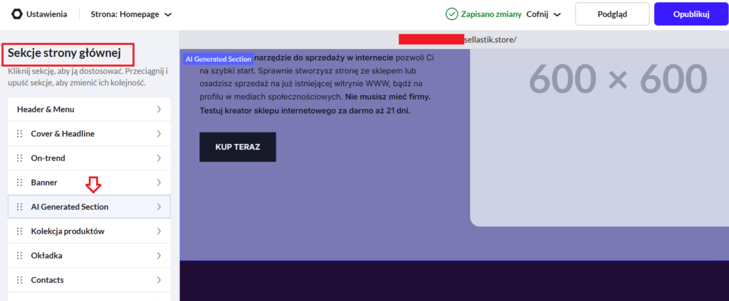 Wygenerowaną sekcję znajdziesz pod nazwą „AI Generated Section”. W tym miejscu możesz ją dalej edytować.