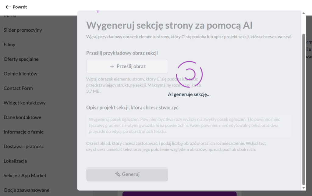 5. Kliknij Generuj. AI wykorzysta Twoje dane, aby stworzyć działającą sekcję strony.