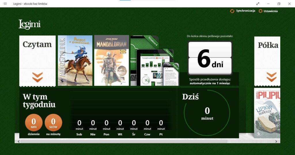 Menu główne aplikacji Legimi na komputery z systemem Windows.