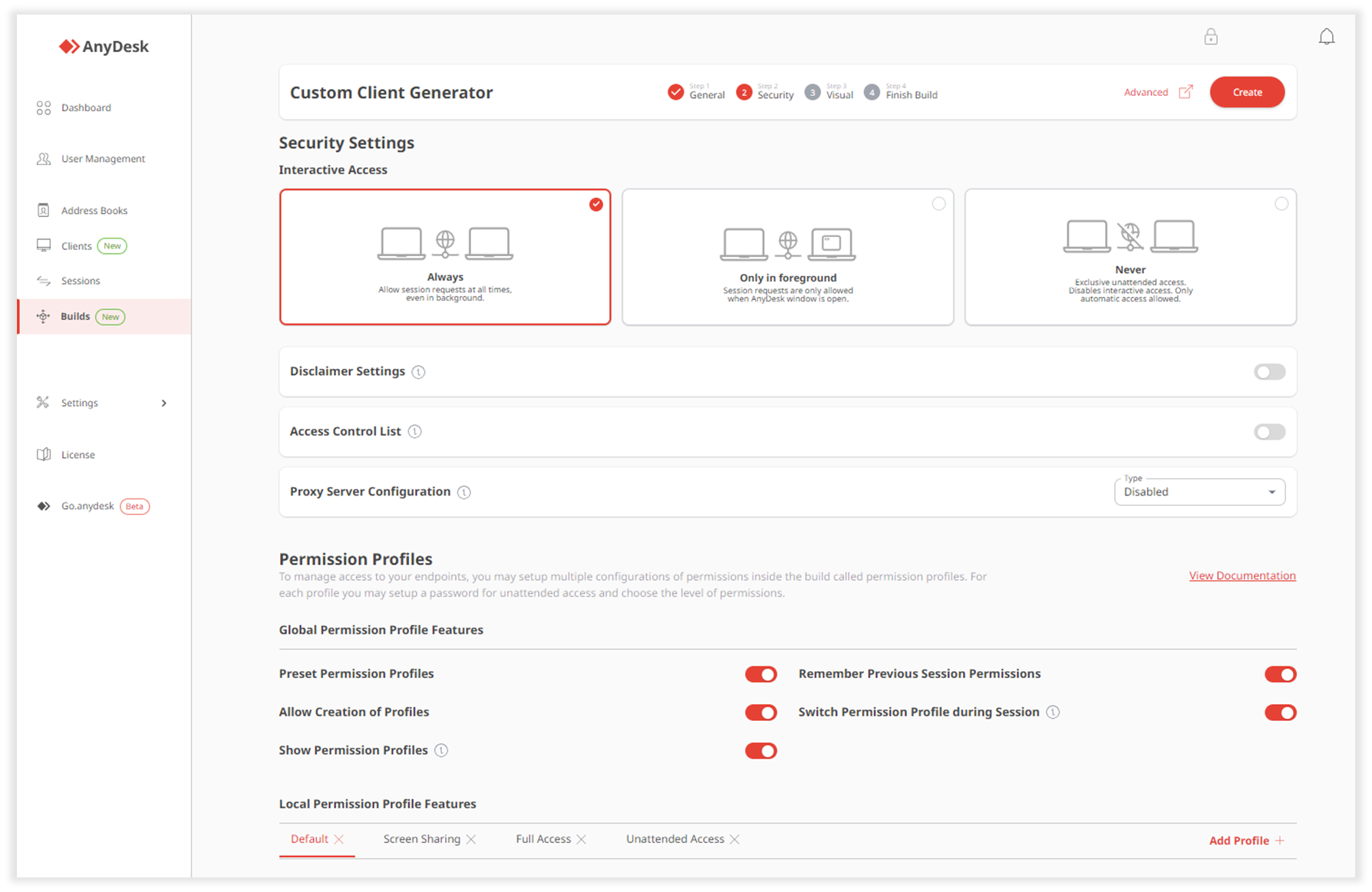 Interfejs panelu administracyjnego AnyDesk - funkcje bezpieczeństwa.