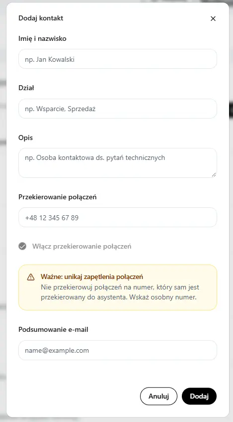 Przekierowania, kontakty i podsumowania e-mail w ustawieniach Asystenta Telefonicznego AI