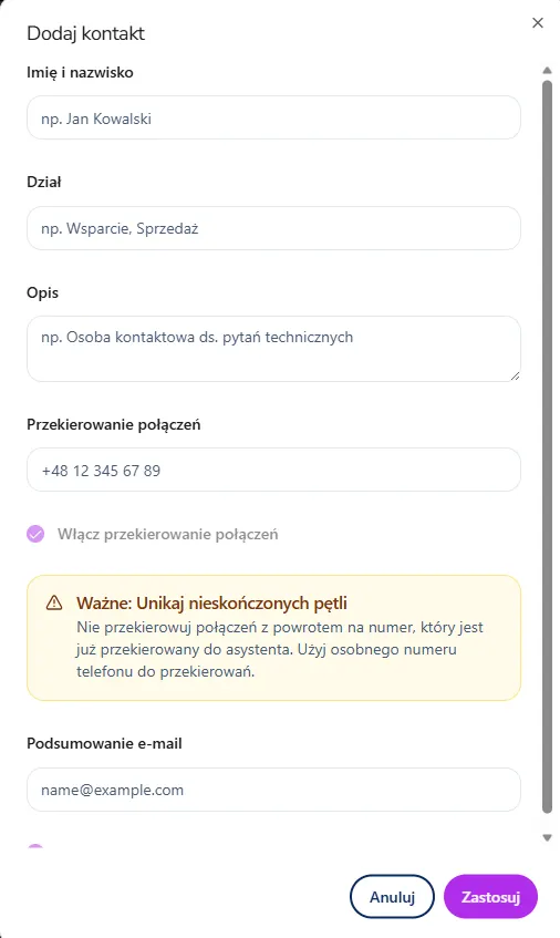 Przekierowania i kontakty w ustawieniach Asystenta Telefonicznego AI