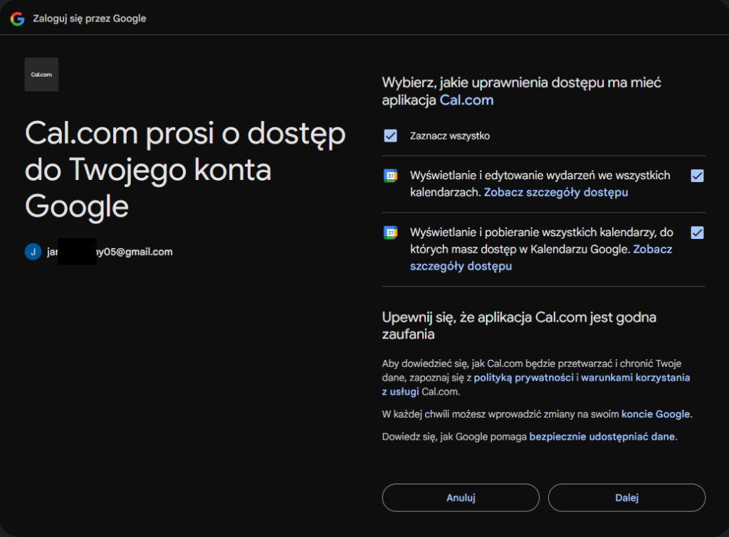 Połączenie konta Google z Cal.com