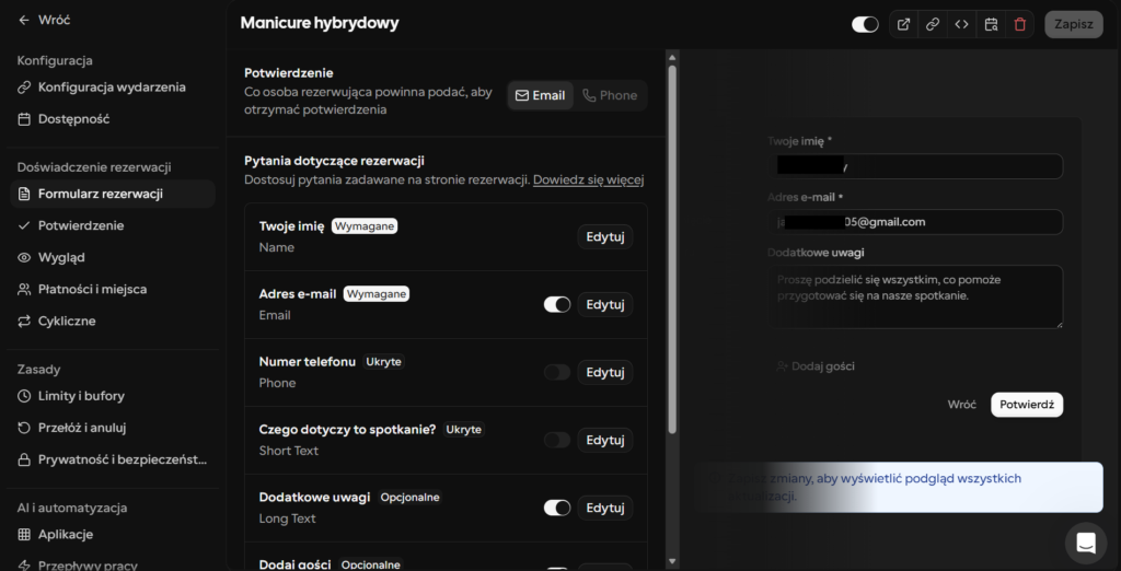Formularz rezerwacji typu wydarzenia
